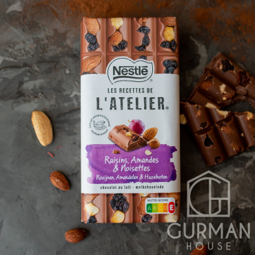 Крафтовый швейцарский шоколад Nestle L`atelier молочный с изюмом, миндалем и лесным орехом 170 г